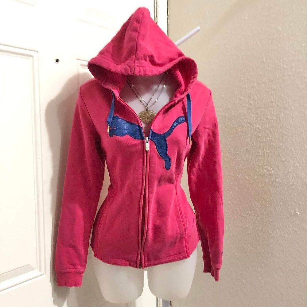 2000s Y2K Deadstock Pink Puma Zip up fitted jacket hoodie blue logo pockets